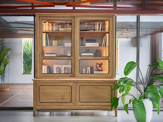 Bibliothèque chêne massif portes coulissantes verre Artcopi - Jazz - Meubles Bouchiquet Bergues