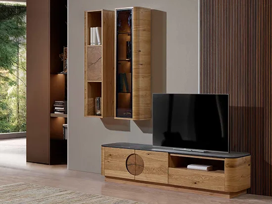 Grand meuble TV moderne chêne céramique 2 portes niche tiroir - Oslan - Meubles Bouchiquet