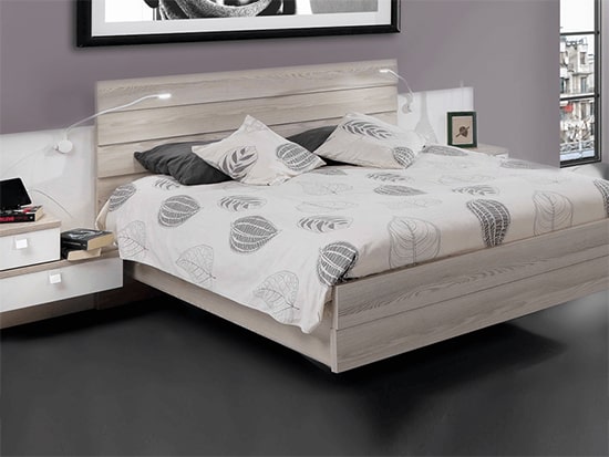 Lit avec chevets suspendus 140x190 bois et blanc Meubles Bouchiquet