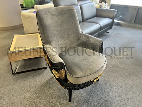 Fauteuil tissu déco noir gris fleurs dorées promo magasin Meubles Bouchiquet Nord