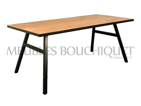 Table de salle à manger bois et métal plateau motif chevrons - Meubles Bouchiquet