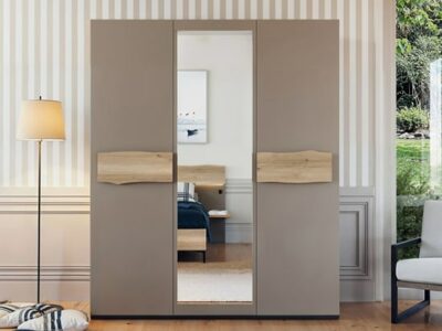 Armoire dressing 3 portes battantes bois et taupe Meubles Célio Écorce - Meubles Bouchiquet Nord