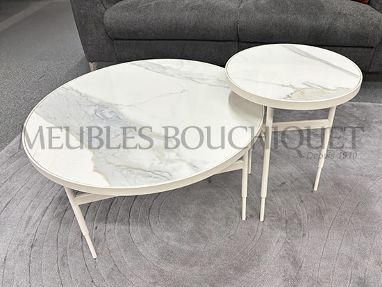 Table basse gigogne blanche plateau céramique effet marbre - Meubles Bouchiquet magasin