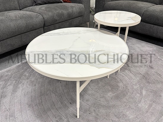 Table basse gigogne blanche plateau céramique effet marbre - Meubles Bouchiquet