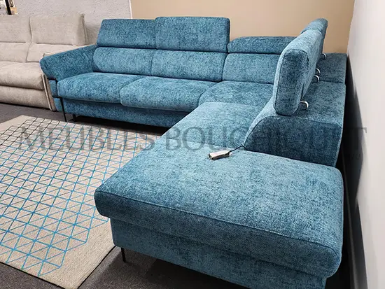 Canapé angle tissu bleu avec convertible place relax électrique Meubles Bouchiquet Bergues