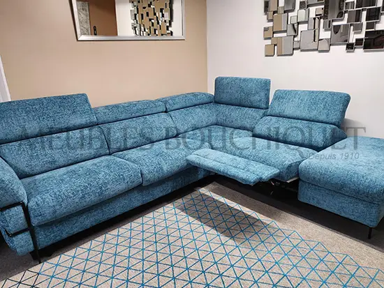 Canapé angle tissu bleu avec convertible place relax électrique Meubles Bouchiquet magasin