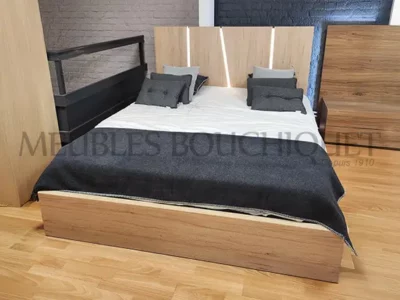 Lit coffre en bois naturel 160x200 avec tête de lit leds promo Meubles Bouchiquet