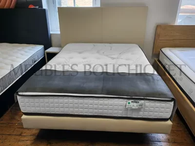 Pack matelas 140x190 + Tête de lit + Sommier tapissier simili cuir écru Meubles Bouchiquet à Bergues