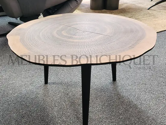 Petite table basse ronde plateau tronc d'arbre noyer promotion Meubles Bouchiquet Bergues