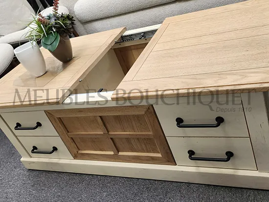 Table basse coffre avec tiroirs en chêne massif - Promo Meubles Bouchiquet Bergues