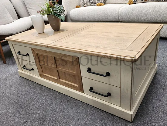 Table basse coffre avec tiroirs en chêne massif - Promo Meubles Bouchiquet Nord
