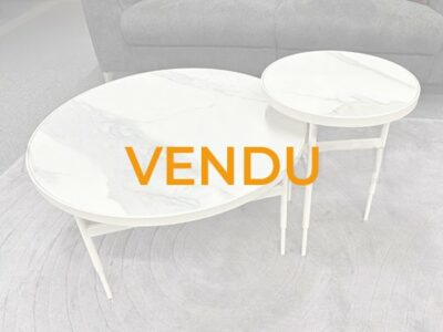 Table basse gigogne blanche plateau céramique effet marbre - Meubles Bouchiquet magasin vendu