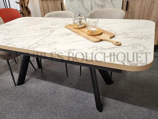 Table de repas extensible + buffet 4 portes imitation marbre et bois - Meubles Bouchiquet Bergues