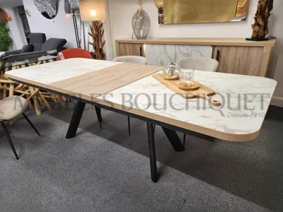 Table de repas extensible + buffet 4 portes imitation marbre et bois - Meubles Bouchiquet Dunkerque
