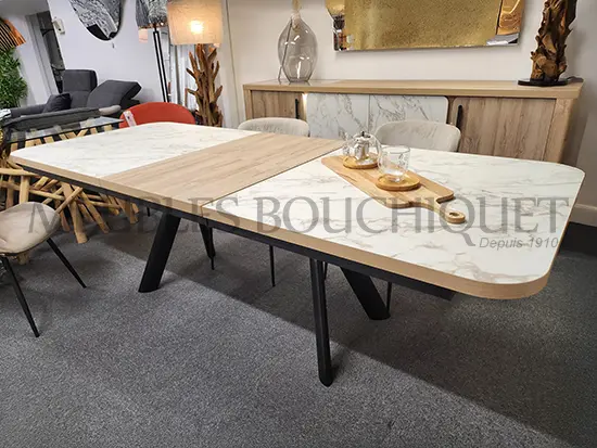 Table de repas extensible + buffet 4 portes imitation marbre et bois - Meubles Bouchiquet Dunkerque