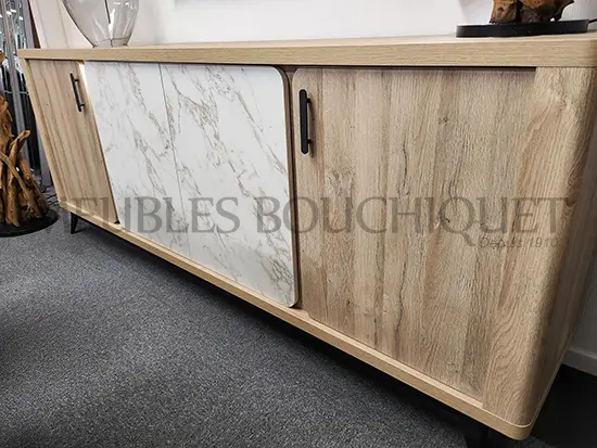 Table de repas extensible + buffet 4 portes imitation marbre et bois - Meubles Bouchiquet Nord