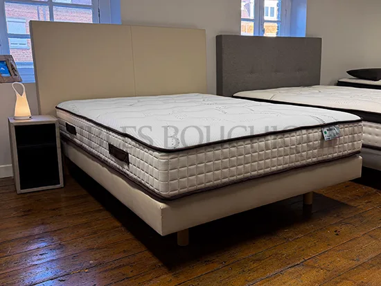 Ensemble Tête de lit droite + Sommier tapissier simili cuir beige couchage 140x190cm - Promo Meubles Bouchiquet