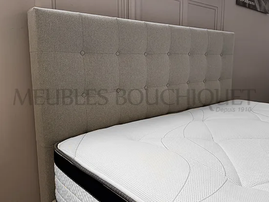 Ensemble Tête de lit et sommiers tapissiers tissu gris couchage 160x200cm promo Meubles Bouchiquet magasin
