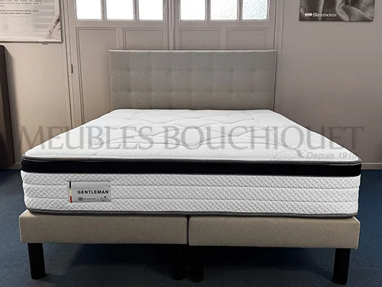 Ensemble Tête de lit et sommiers tapissiers tissu gris couchage 160x200cm promo Meubles Bouchiquet