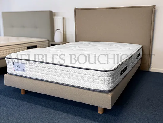 Ensemble Tête de lit coussin 160 + Sommier tapissier 140x190 tissu taupe - Promo Meubles Bouchiquet magasin Bergues