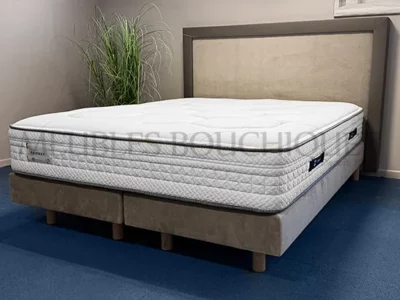Ensemble Tête de lit + Sommiers tapissiers beige et taupe couchage 160x200cm - Promo Meubles Bouchiquet