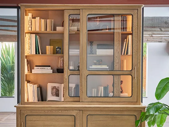 Bibliothèque chêne massif portes coulissantes verre Artcopi - Jazz - Meubles Bouchiquet Dunkerque