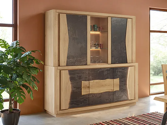 Buffet haut en chêne 5 portes et porte vitrée LED céramique graphite – Corza - Meubles Bouchiquet