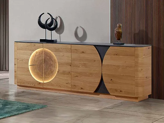 Grand buffet moderne chêne et céramique éclairage LED - Oslan - Meubles Bouchiquet Bergues