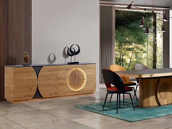 Grand buffet moderne chêne et céramique éclairage LED - Oslan - Meubles Bouchiquet Dunkerque
