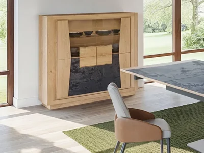 Meuble vitrine moderne chêne massif céramique 2 portes vitrées rétroéclairage LED – Corza - Meubles Bouchiquet Bergues