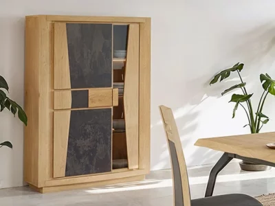 Meuble vitrine moderne chêne massif céramique 1 tiroir 1 porte LED – Corza - Meubles Bouchiquet Bergues