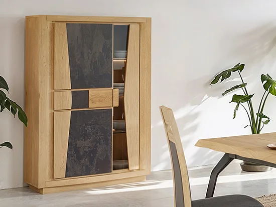 Meuble vitrine moderne chêne massif céramique 1 tiroir 1 porte LED – Corza - Meubles Bouchiquet Bergues
