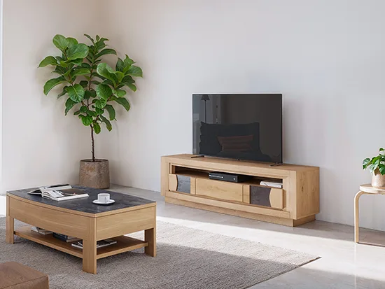 Table basse plateau relevable en chêne massif et céramique gris anthracite – Corza - Meubles Bouchiquet Bergues