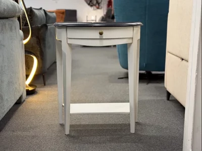 Meuble console demi-lune en chêne massif gris et blanc