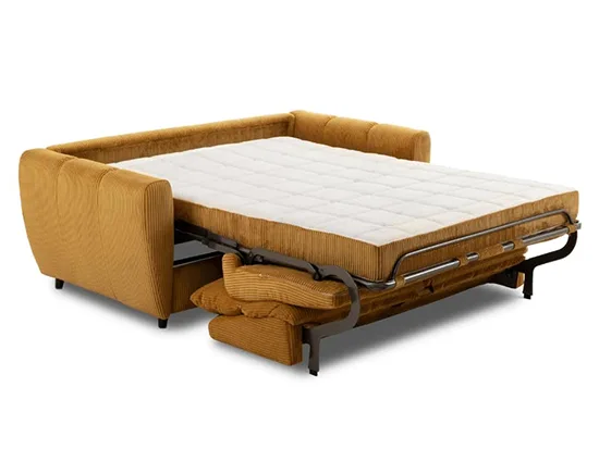 Canapé convertible en tissu ocre Ellen ouvert en couchage avec matelas