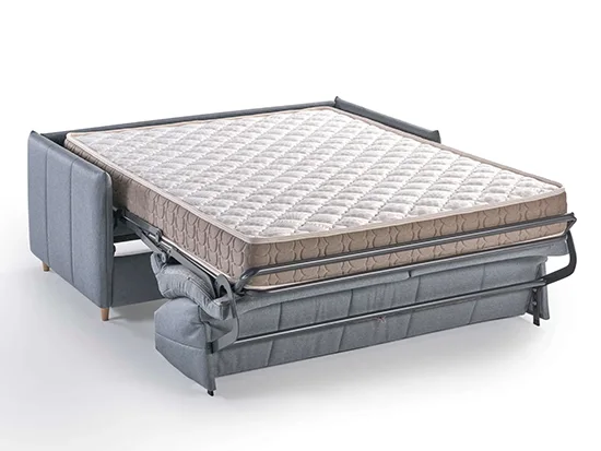 Canapé-lit en tissu gris Bing Bang ouvert en couchage avec matelas