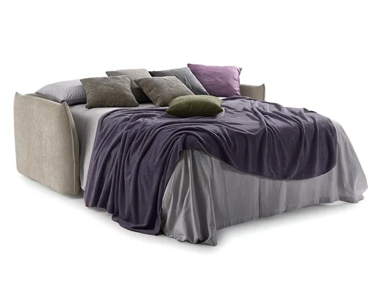 Canapé convertible Dakar beige déplié en lit avec plaid violet