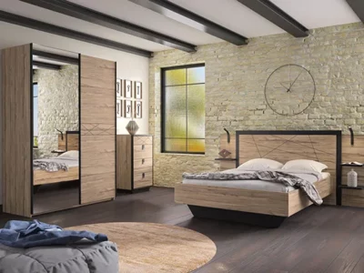 Chambre contemporaine avec lit bois, armoire à portes coulissantes et chevet noir aux Meubles Bouchiquet à Bergues (59)